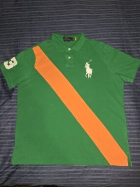 Lg - Ralph Lauren Green Polo Shirt with Orange Diagonal Stripe